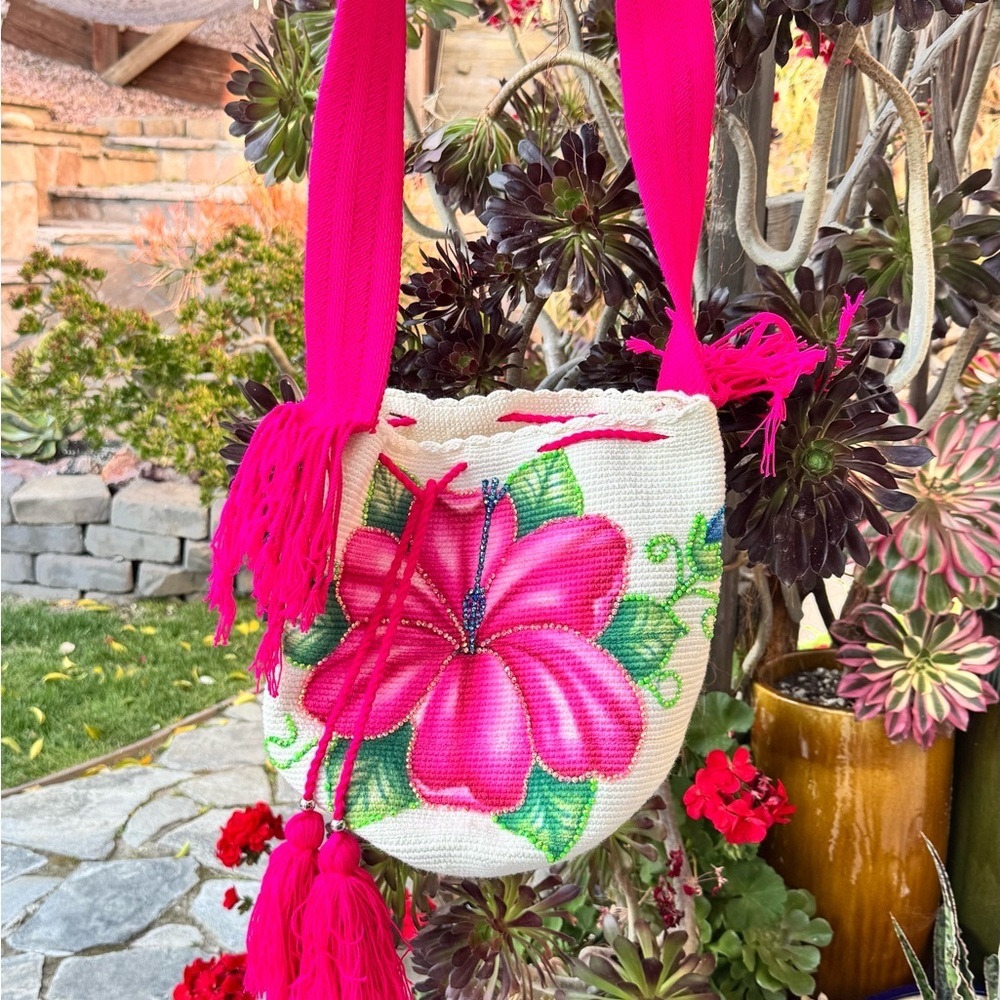 Vibrant Handmade Floral Boho Bucket Bag with Beaded Embellishments & Tassels